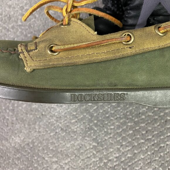 Filson Segago Docksides Shoes Mens 8 W Brown Green Boat Leather Canvas Tin Cloth - Picture 7 of 15